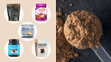 Scoop of chocolate protein powder next to protein powder packages from Truvani, Premier Protein, Ritual, Clean Simple Eats, and Equate.